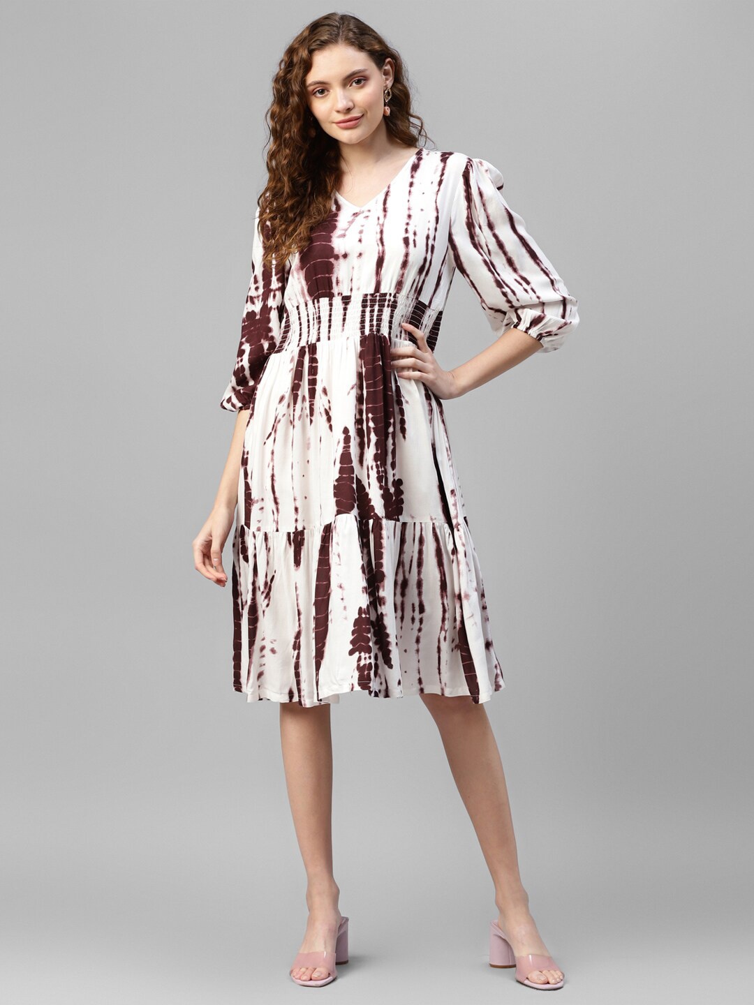 

DEEBACO Tie & Dye Rayon V-Neck Midi Dress, White