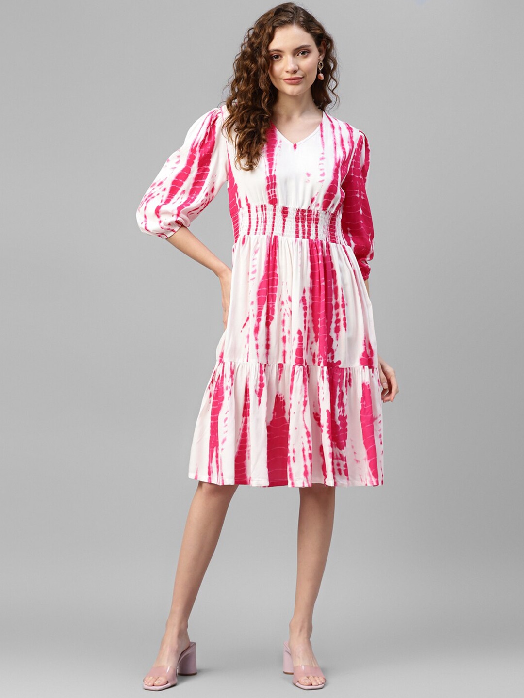

DEEBACO Tie & Dye Rayon V-Neck Midi Dress, White