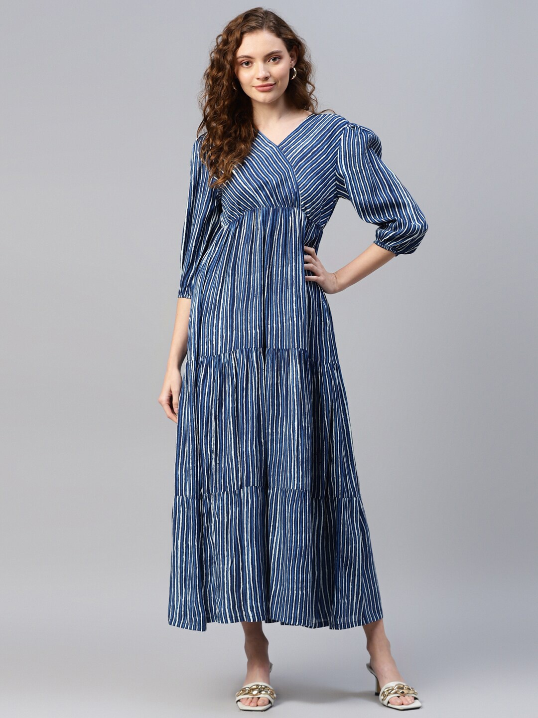 

DEEBACO Women Striped V-Neck Viscose Rayon Maxi Dress, Blue