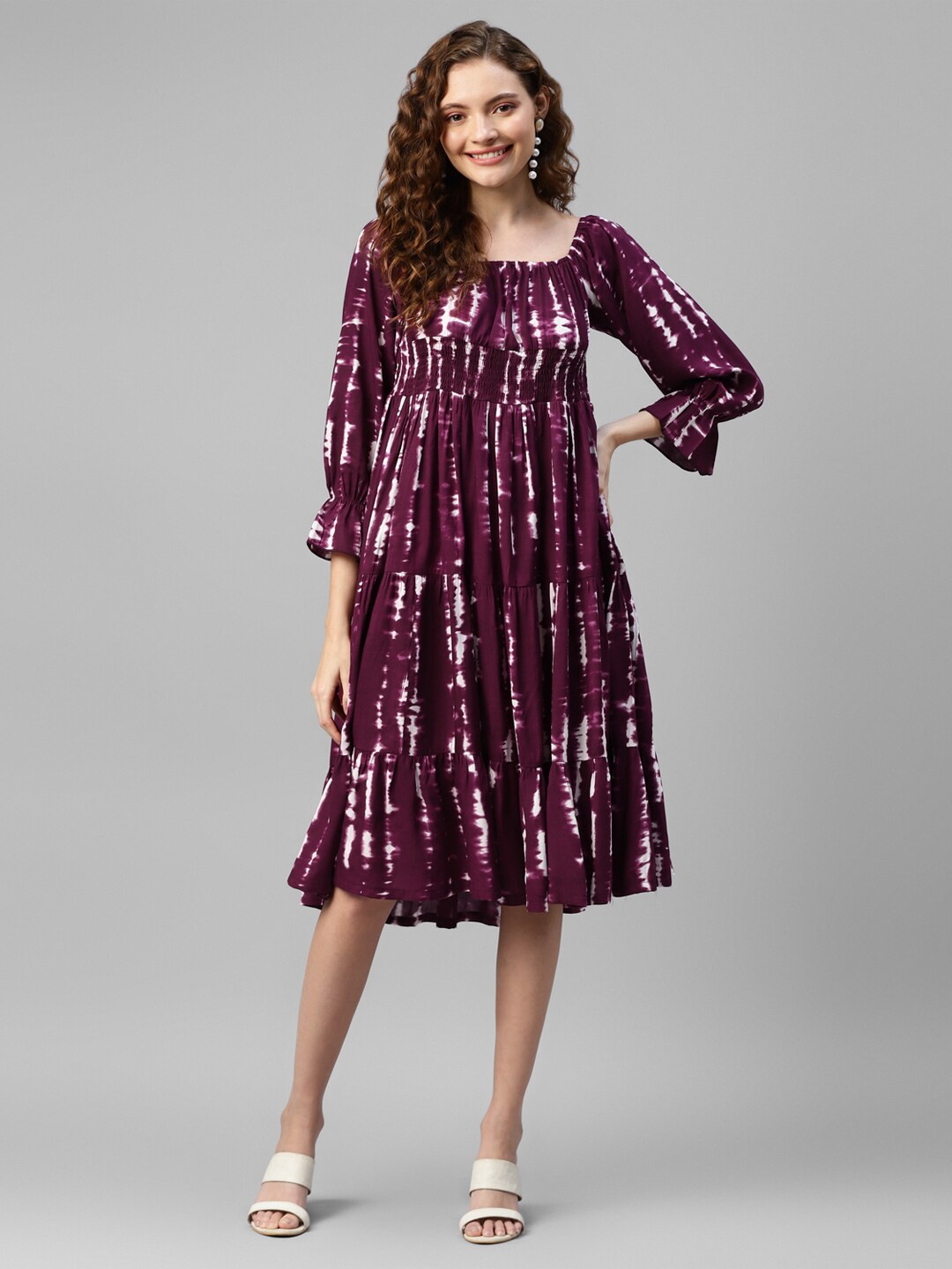 

DEEBACO Tie & Dye Square Neck Viscose Rayon Midi Dress, Purple