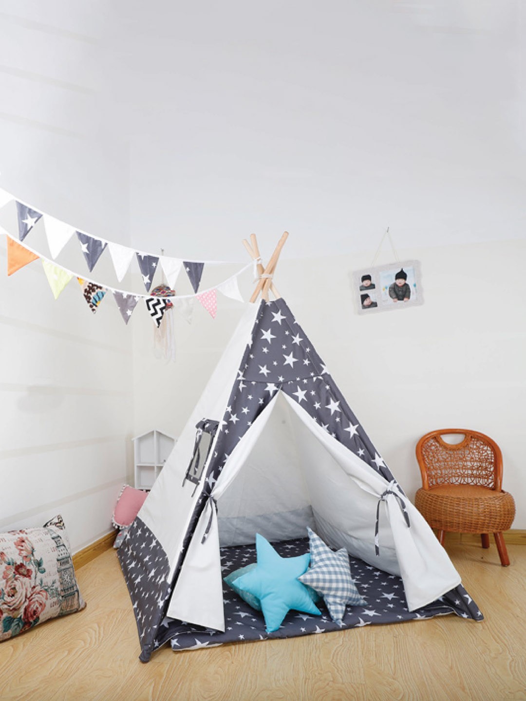 

Polka Tots Kids Printed Portable Teepee Tent With Cushion, Blue