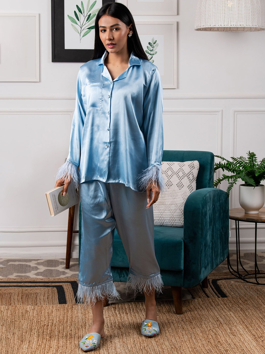 

Rhe-Ana Long Sleeves Satin Night Suites, Blue