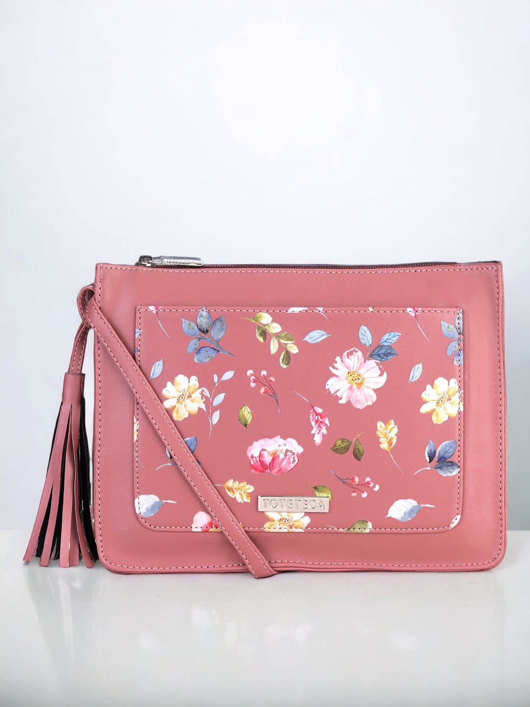 

Toteteca Floral Printed Tasselled PU Sling Bag, Pink