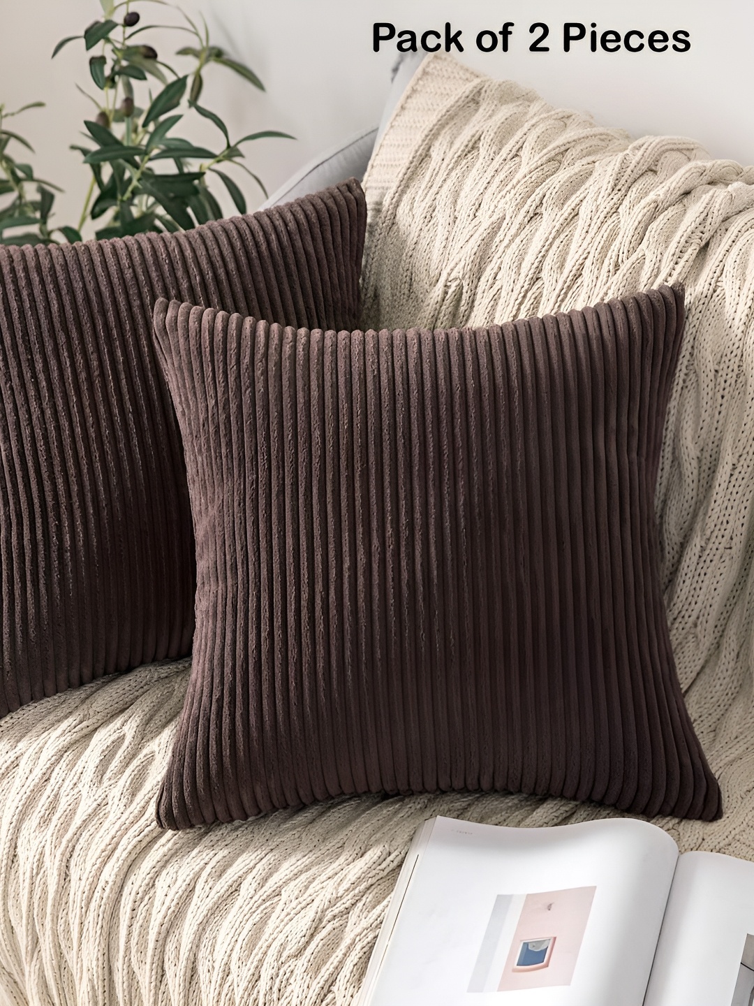 

Vinayaka Fab Brown 2 Pieces Striped Corduroy Square Cushion Covers