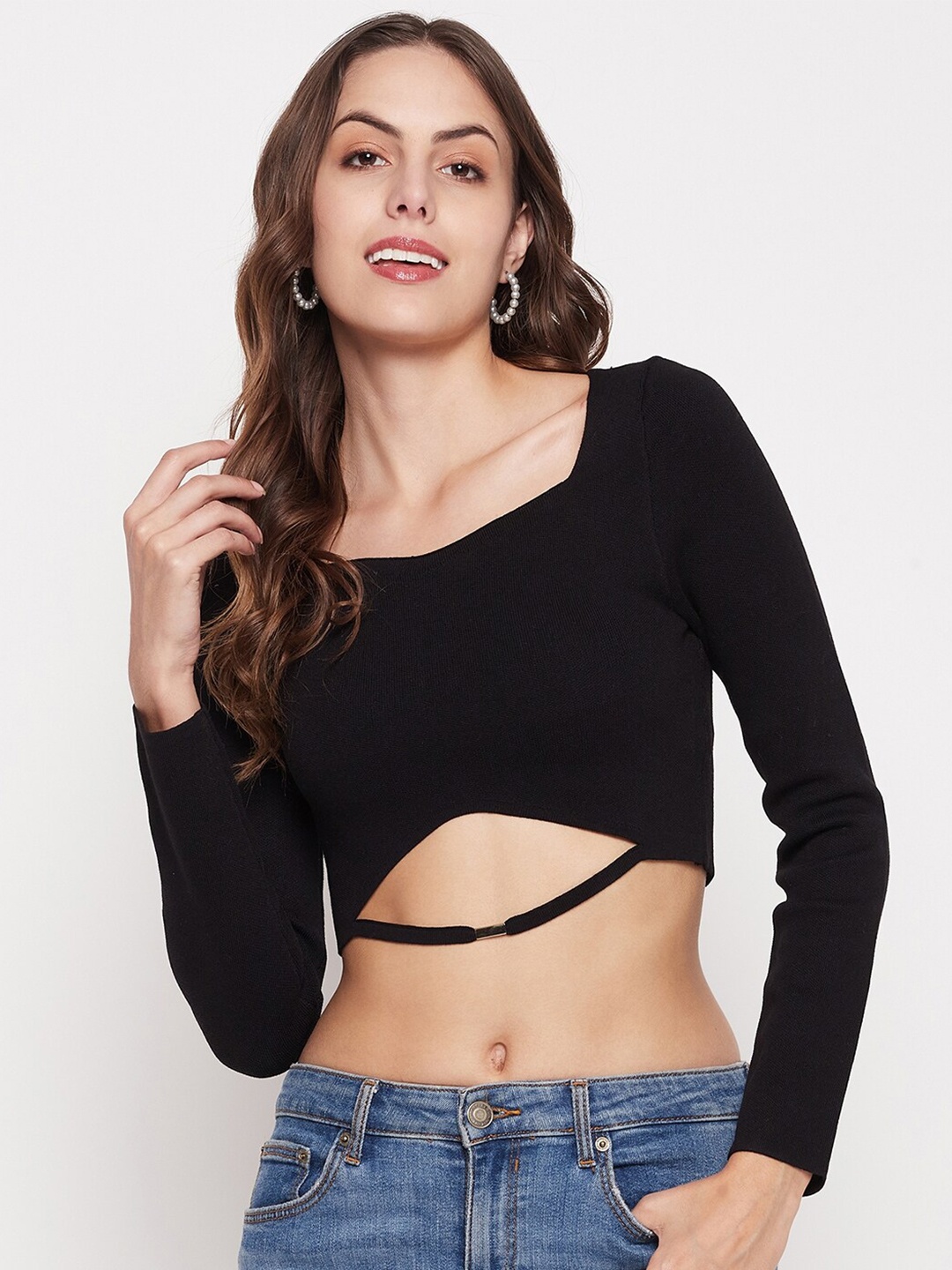 

Madame Square Neck Fitted Crop Top, Black