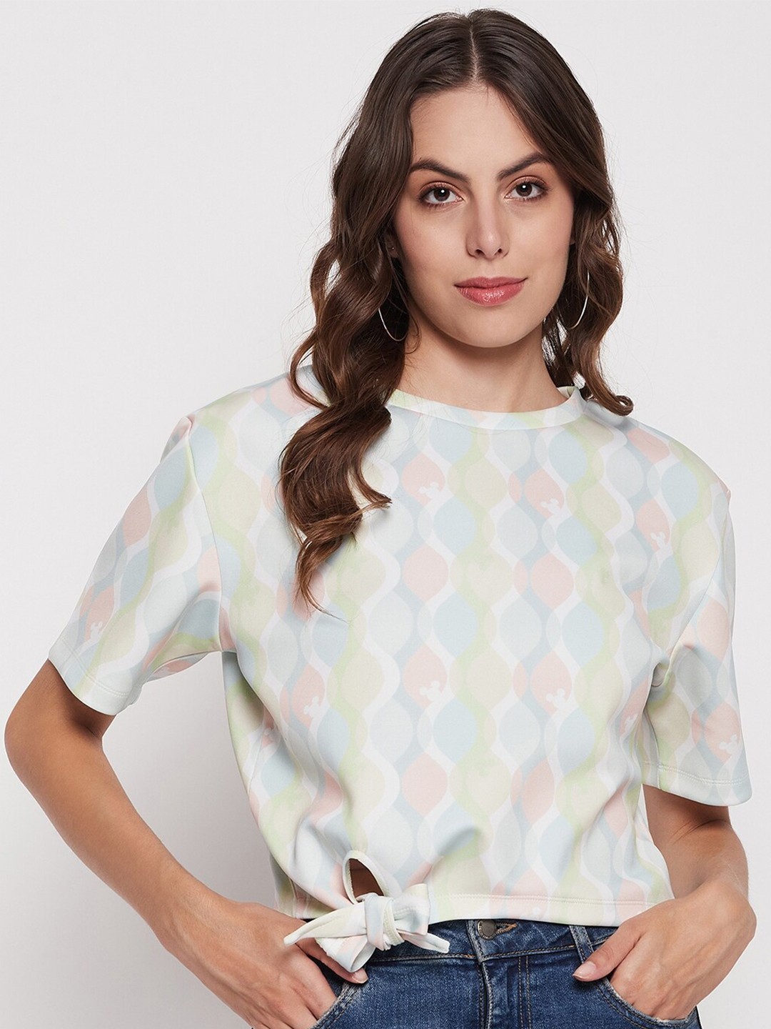 

Madame Geometric Printed Tie-Ups Detail Drop-Shoulder Sleeves Top, White