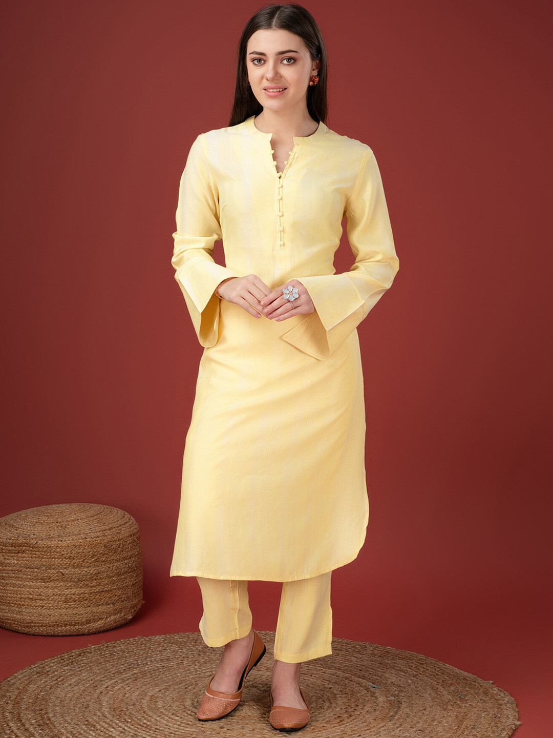 

soan Bell Sleeves Straight Kurta With Trousers, Yellow