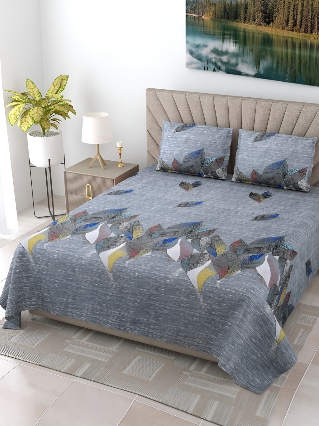 

DIGITRENDZZ Unique Gray Blue Floral Cotton 240 TC King Bedsheet with 2 Pillow Covers