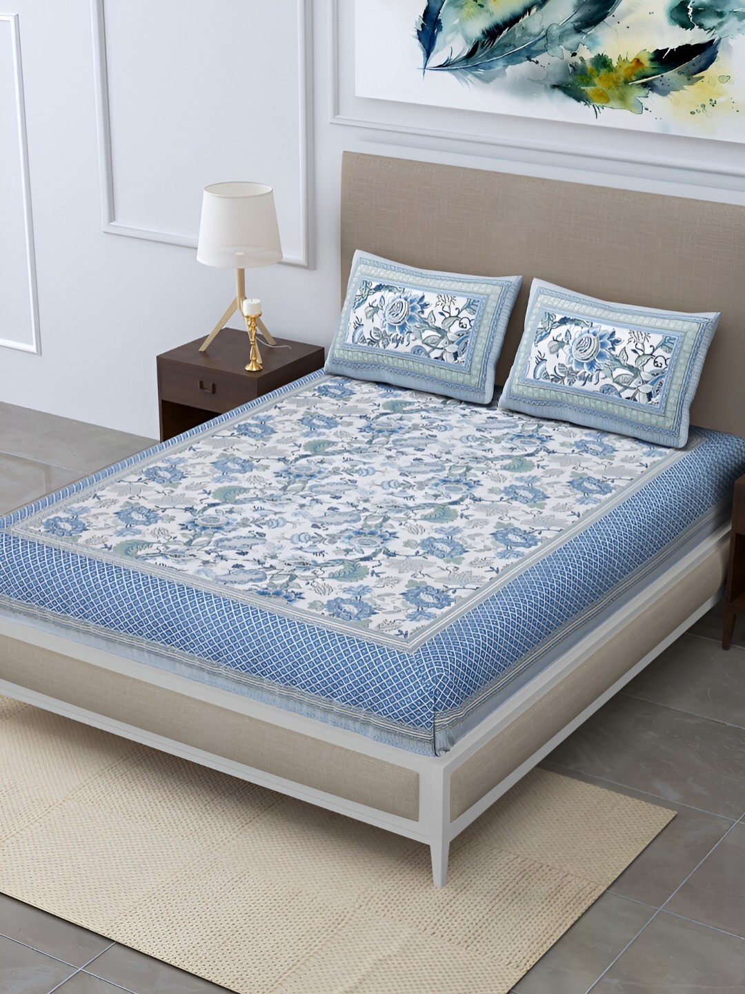 

DIGITRENDZZ Unique Blue & White Floral Cotton 240 TC King Bedsheet with 2 Pillow Covers