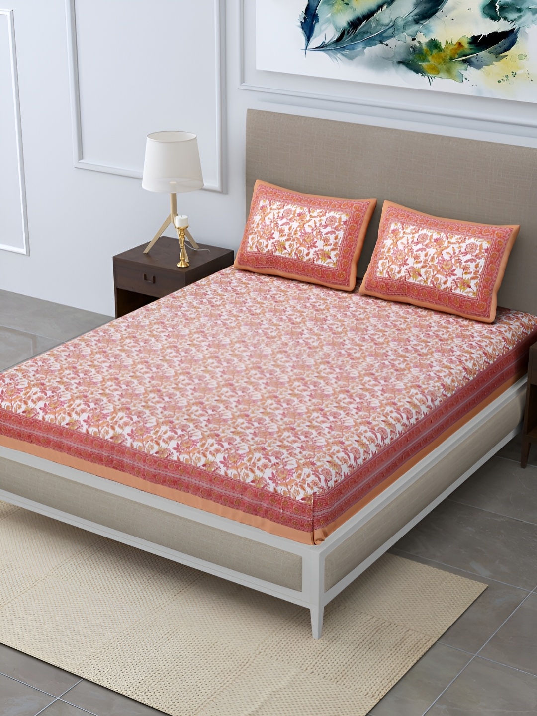 

DIGITRENDZZ Unique Peach & White Floral Cotton 240 TC King Bedsheet with 2 Pillow Covers