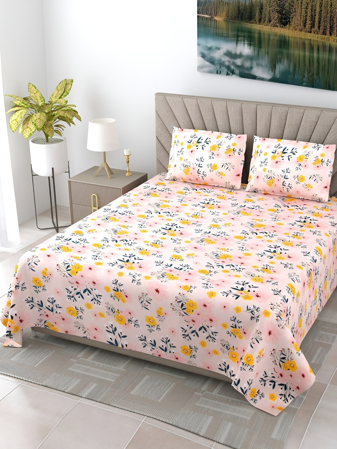 

DIGITRENDZZ Unique Pink & Yellow Floral Microfiber King Bedsheet With 2 Pillow Covers