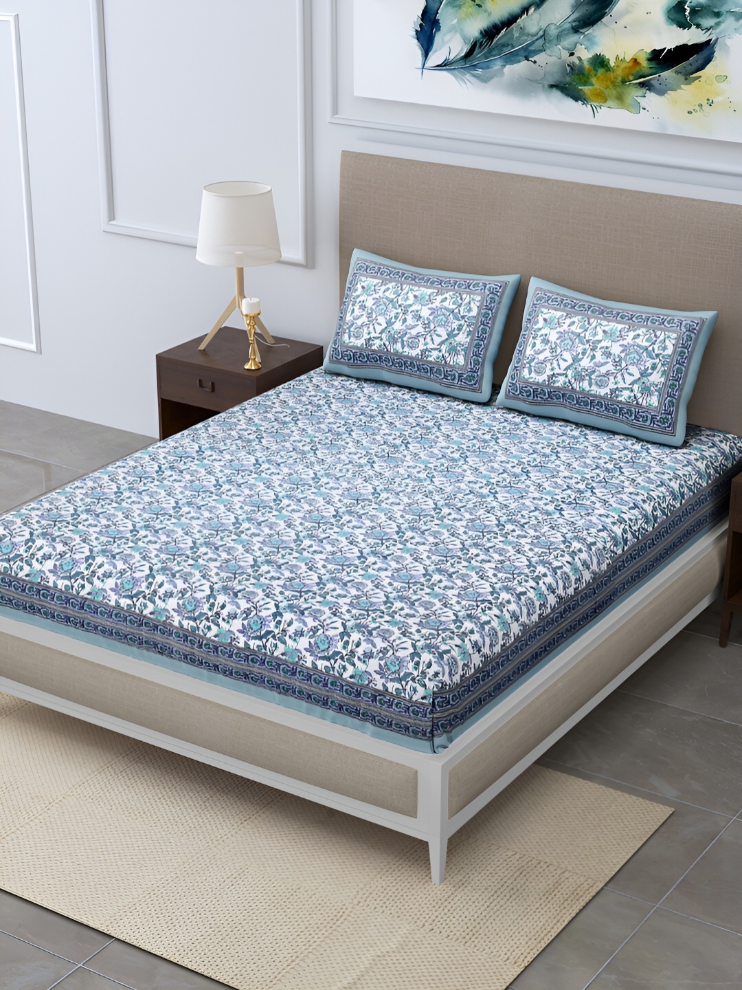 

DIGITRENDZZ Blue & White Floral Cotton 240 TC King Bedsheet with 2 Pillow Covers