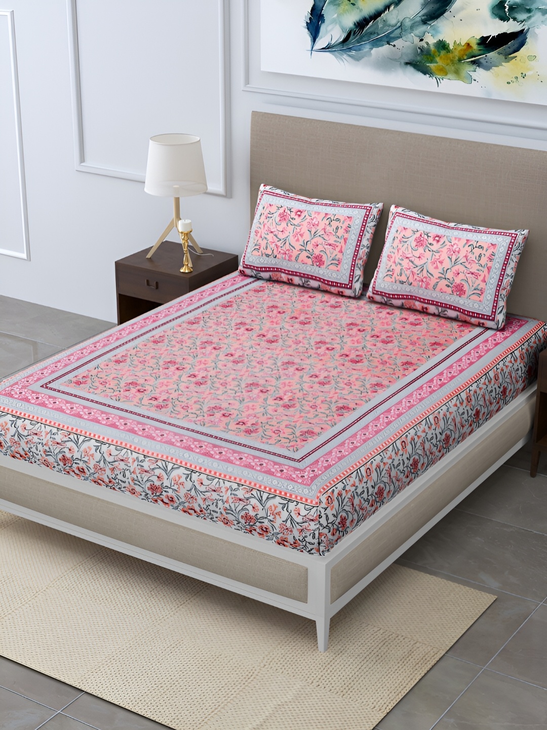 

DIGITRENDZZ Unique White & Orange Floral Cotton King Bedsheet With 2 Pillow Covers