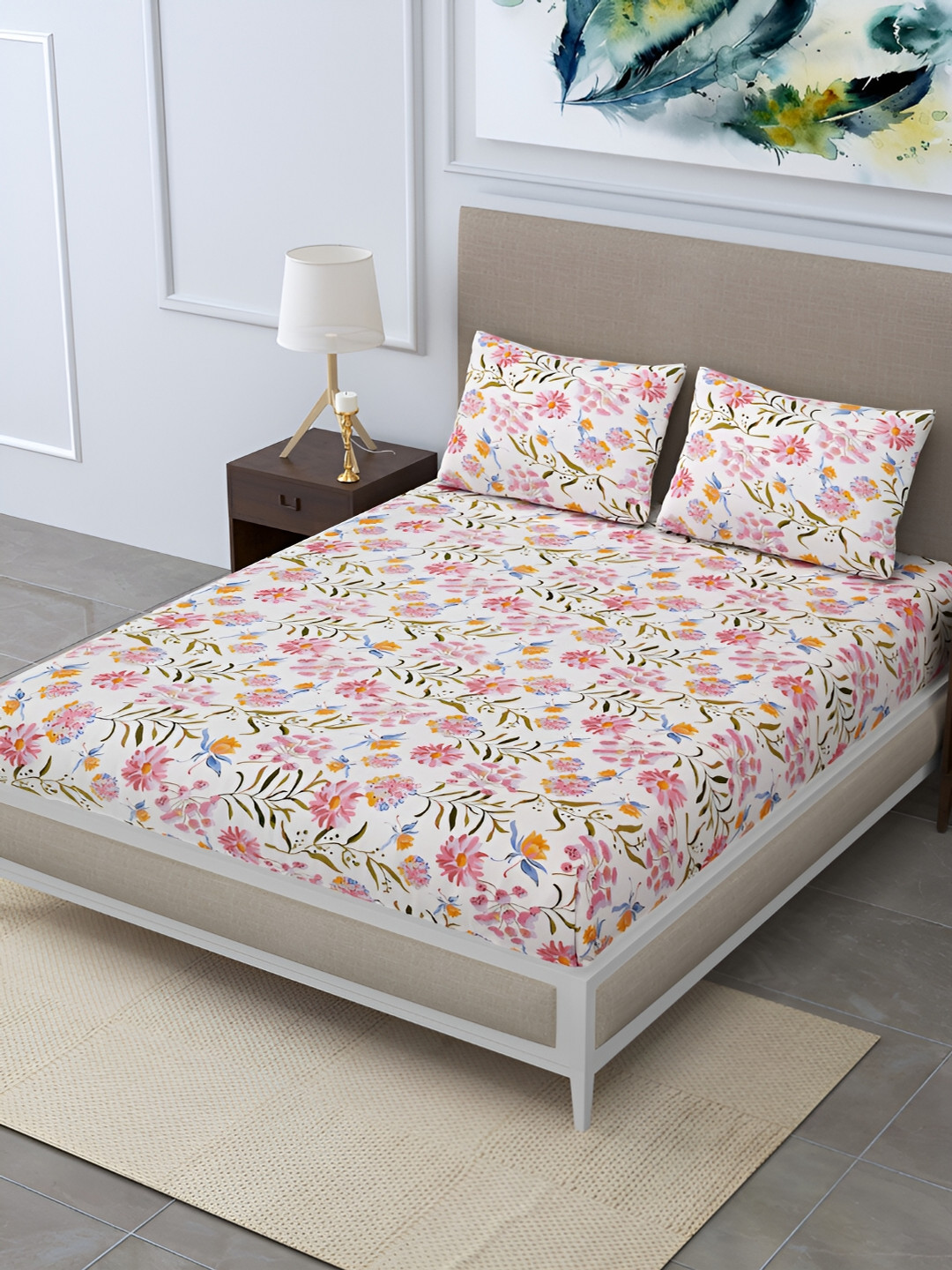 

DIGITRENDZZ Unique White Pink Floral Microfiber 240 TC King Bedsheet with 2 Pillow Covers