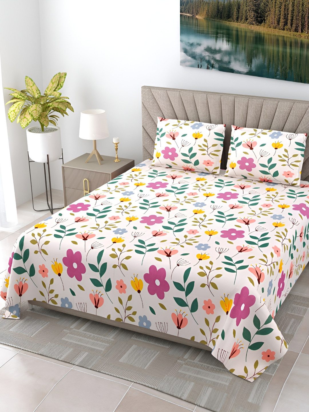 

DIGITRENDZZ Unique Off White & Pink Floral Microfiber King Bedsheet With 2 Pillow Covers