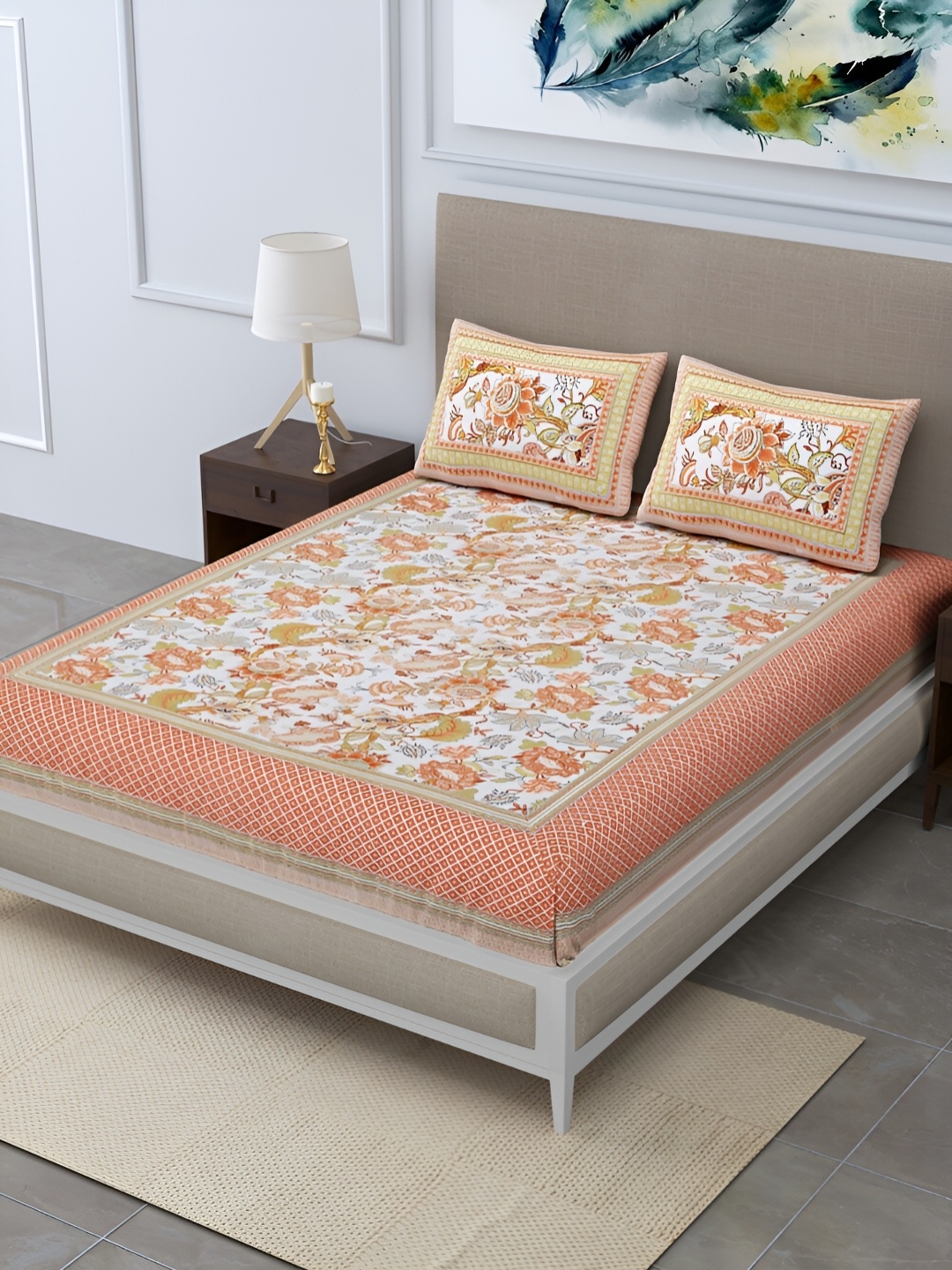 

DIGITRENDZZ Orange & White Floral Cotton 240 TC King Bedsheet With 2 Pillow Covers