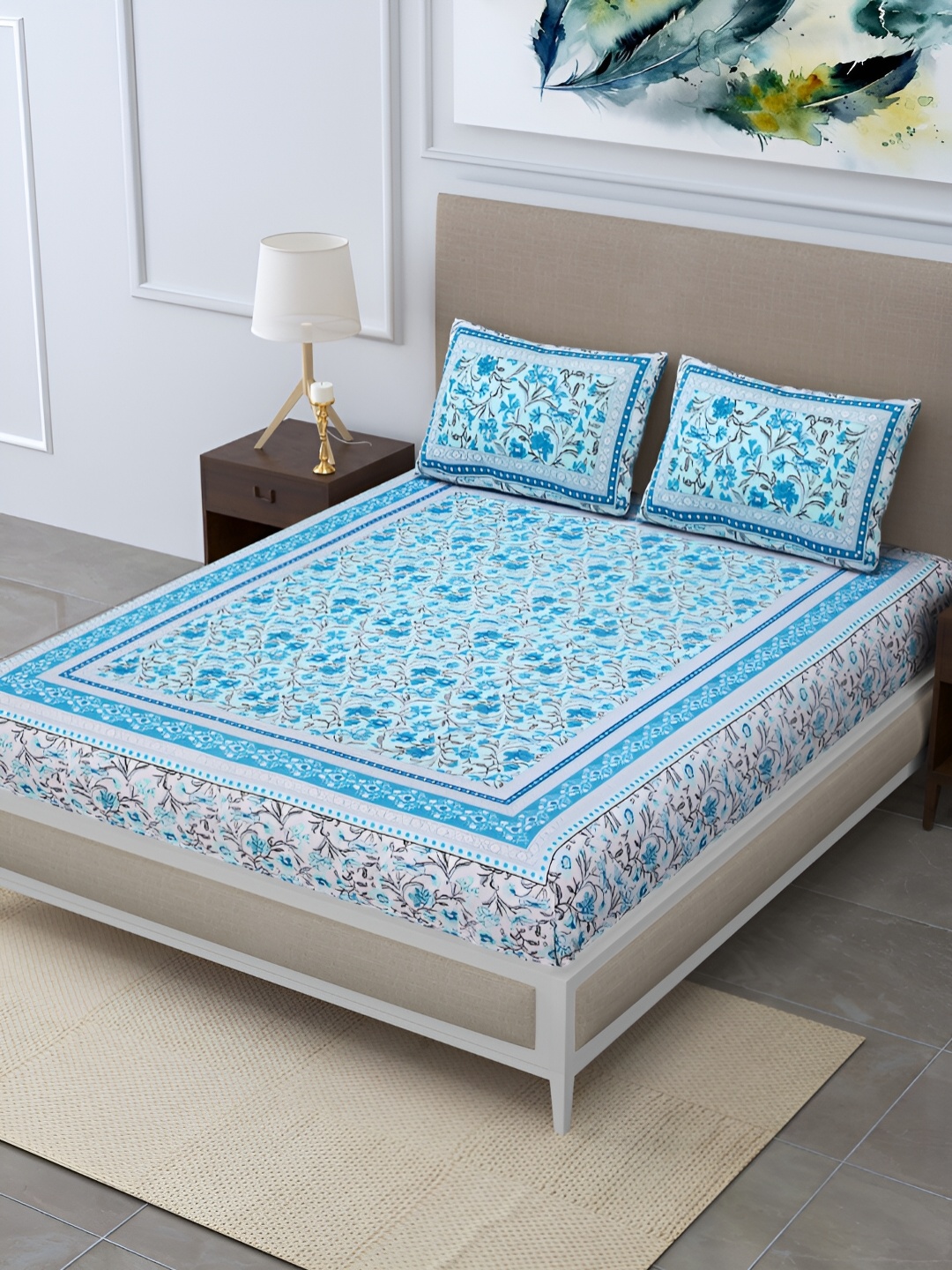 

DIGITRENDZZ Blue & White Floral Cotton 240 TC King Bedsheet with 2 Pillow Covers