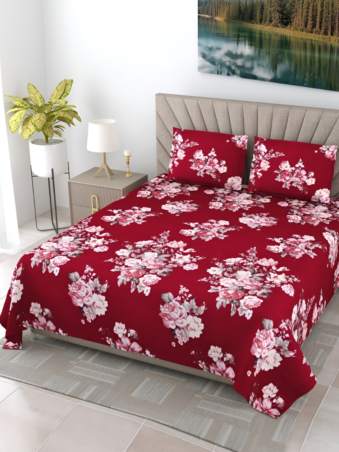 

DIGITRENDZZ Red & Cream Floral Microfiber 240 TC King Bedsheet With 2 Pillow Covers