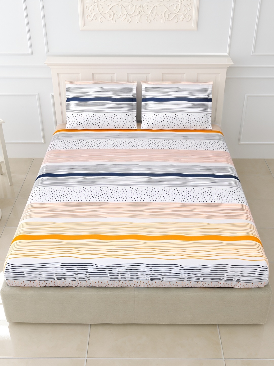

DIGITRENDZZ White & Yellow Striped Cotton King Bedsheet With 2 Pillow Covers