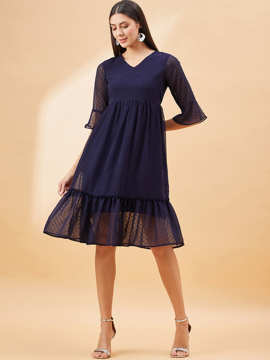 

SWAGG INDIA Self Design Bell Sleeve Georgette Fit & Flare Dress, Blue