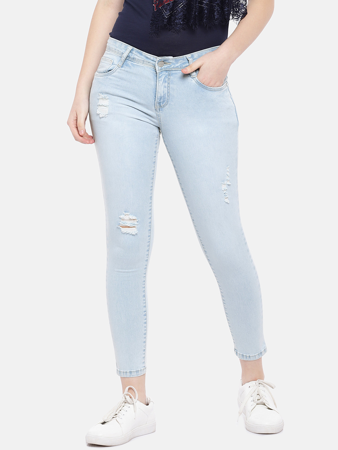 

Kraus Jeans Women K3024 Blue Skinny Fit Mid-Rise Low Distress Jeans