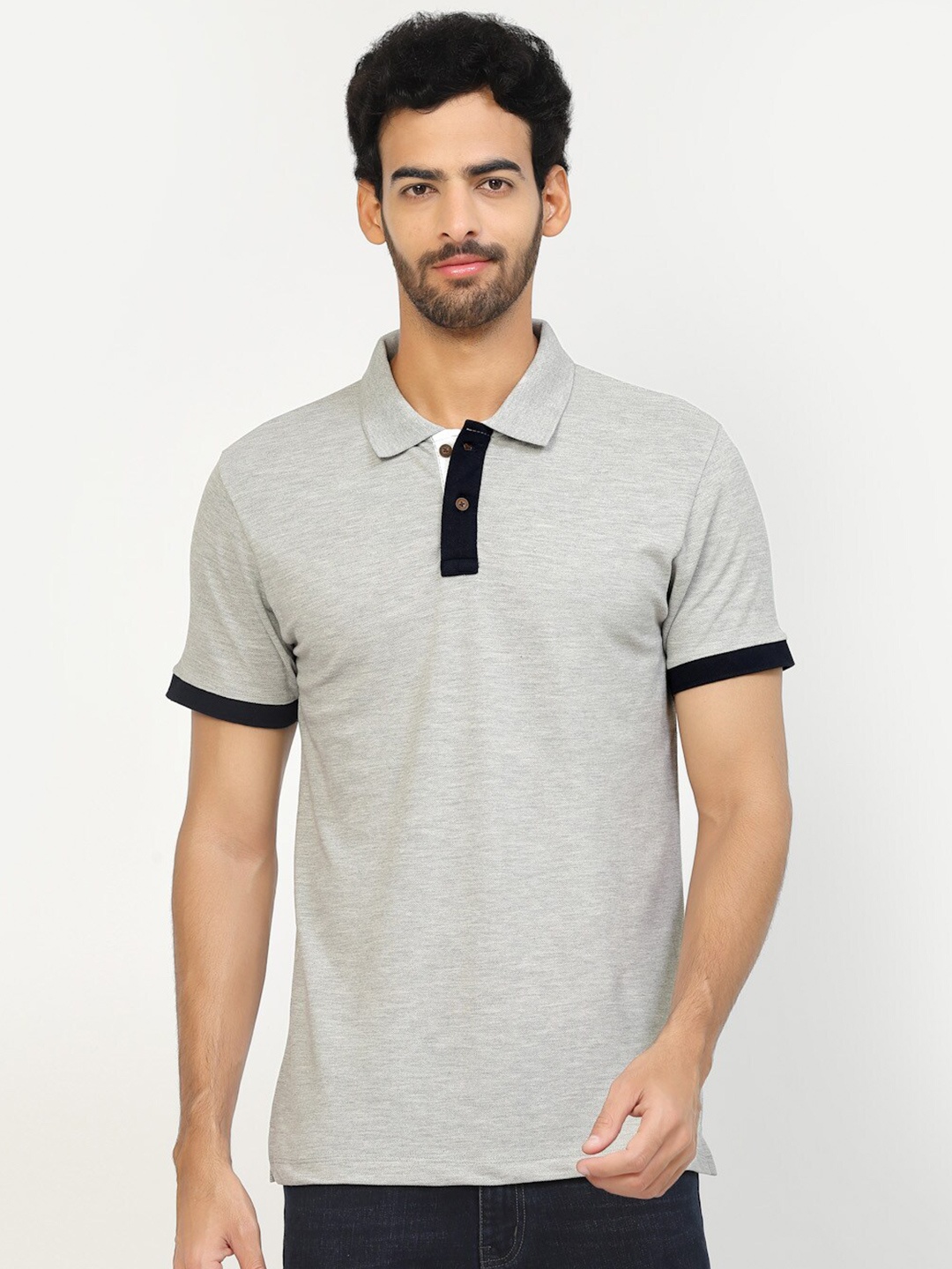 

Kalt Colourblocked Polo Collar Regular Fit T-shirt, Grey melange