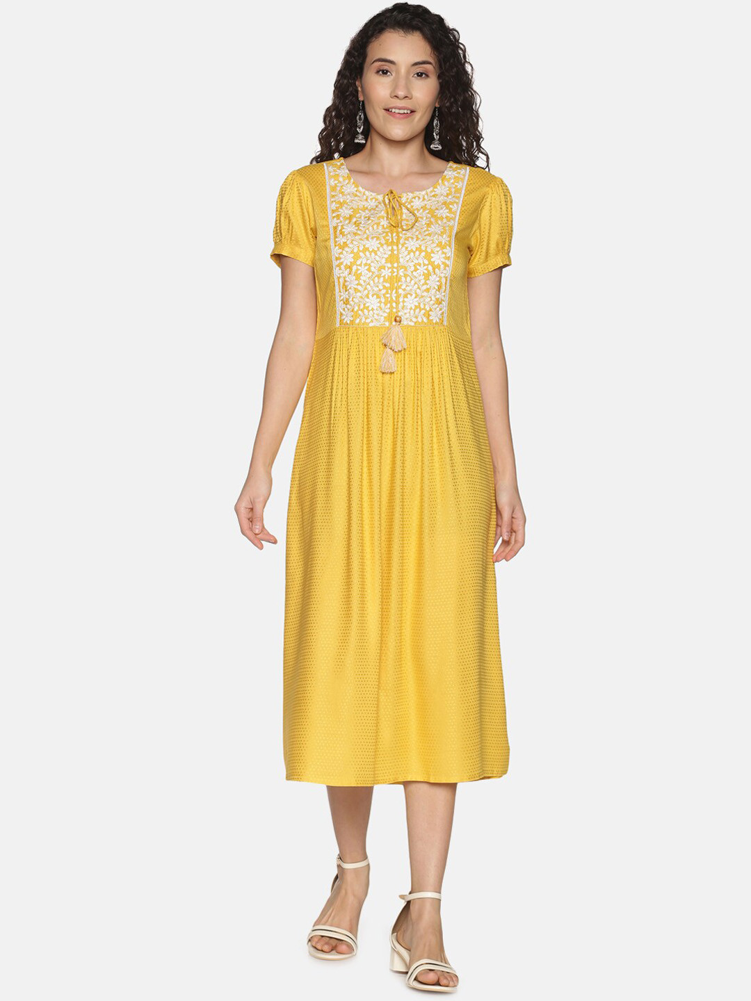 

Saffron Threads Self Design Midi Dress with Chikankari Yoke Embroidered Detail, Yellow