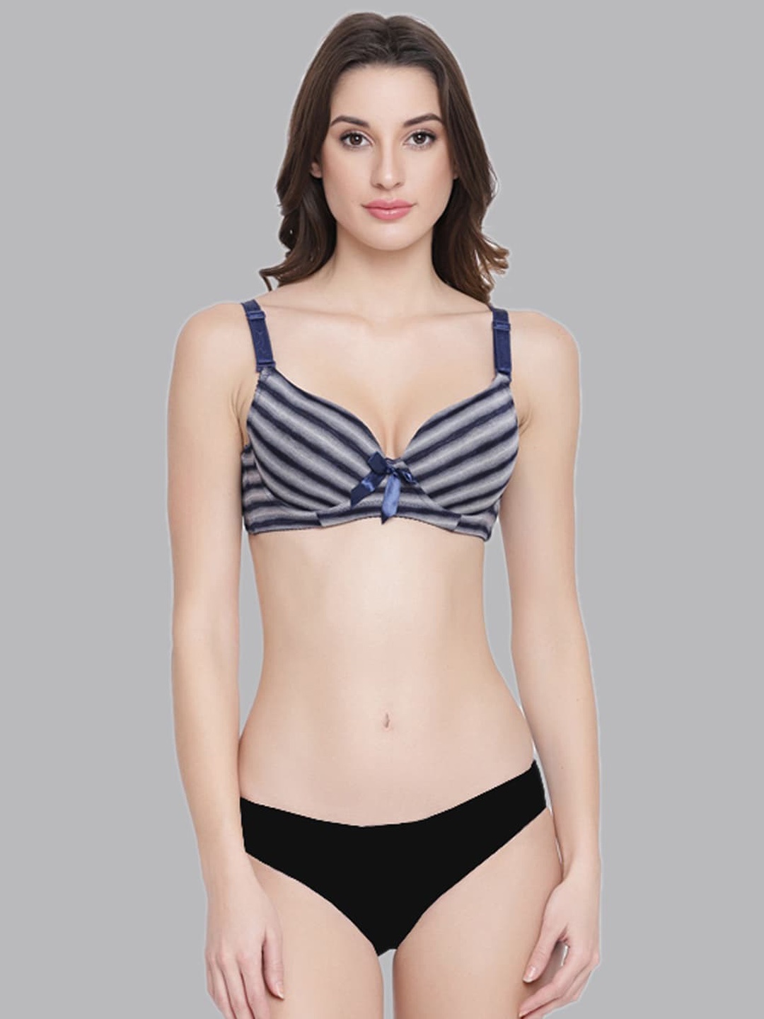 

PrettyCat Striped Lightly Padded Bra With Bikini Brief, Navy blue