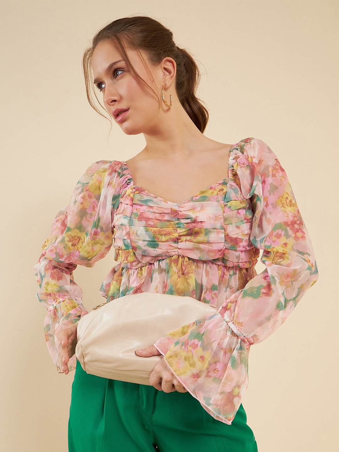 

Antheaa Cream-Coloured Floral Printed Chiffon Ruffled Ruched Crop Top