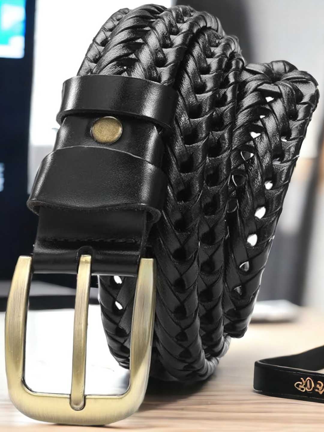 

WROGN Men Braided Stretchable Leather Belt, Black