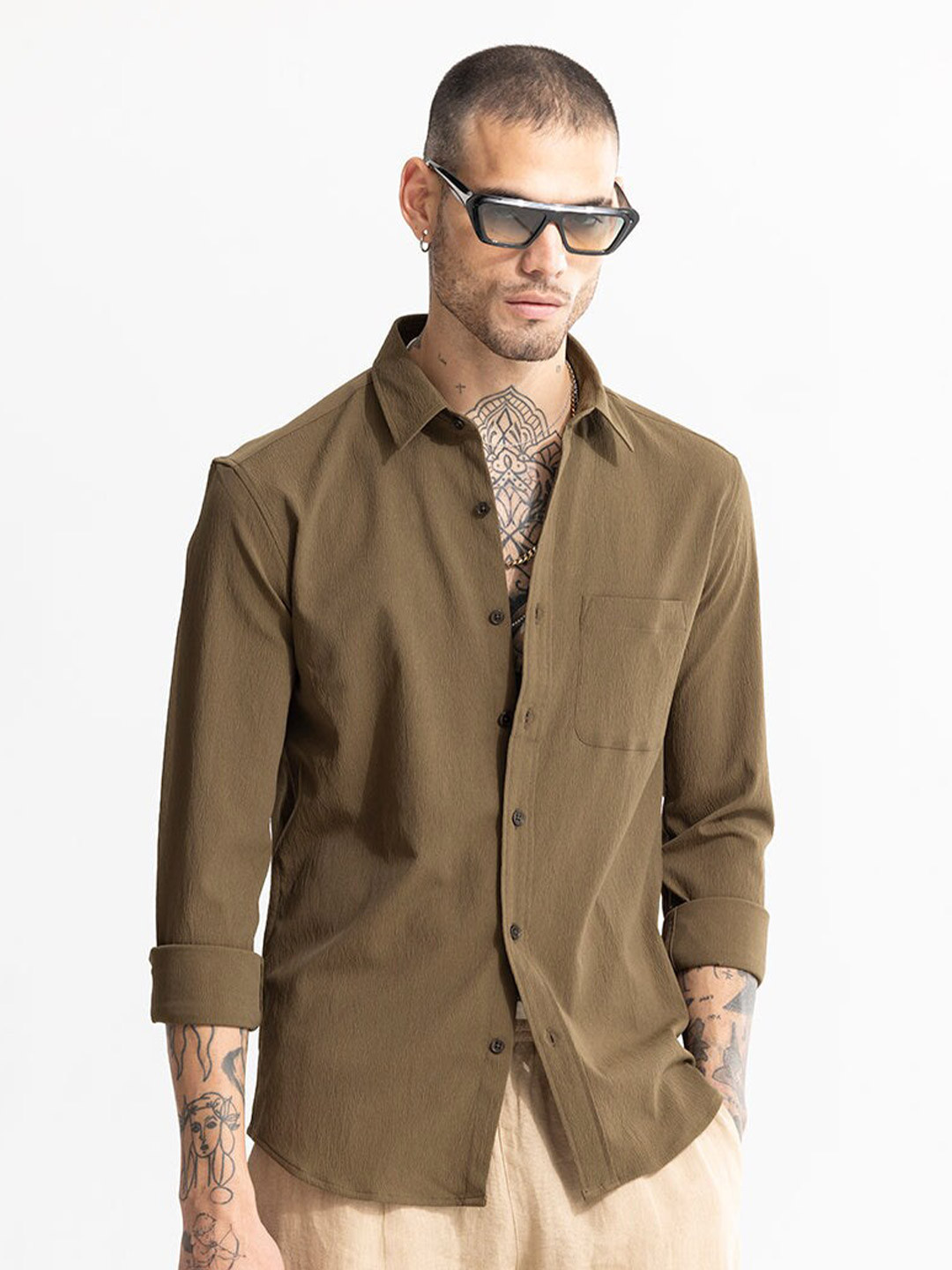 

Snitch Brown Classic Slim Fit Spread Collar Casual Shirt