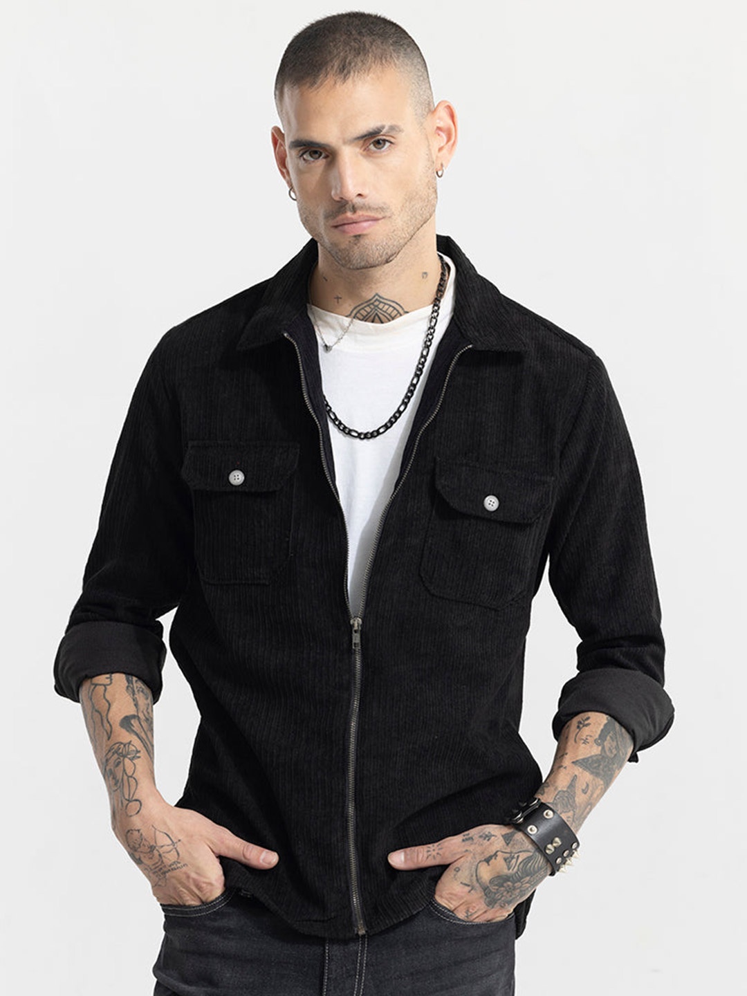 

Snitch Black Corduroy Classic Slim Fit Casual Shirt