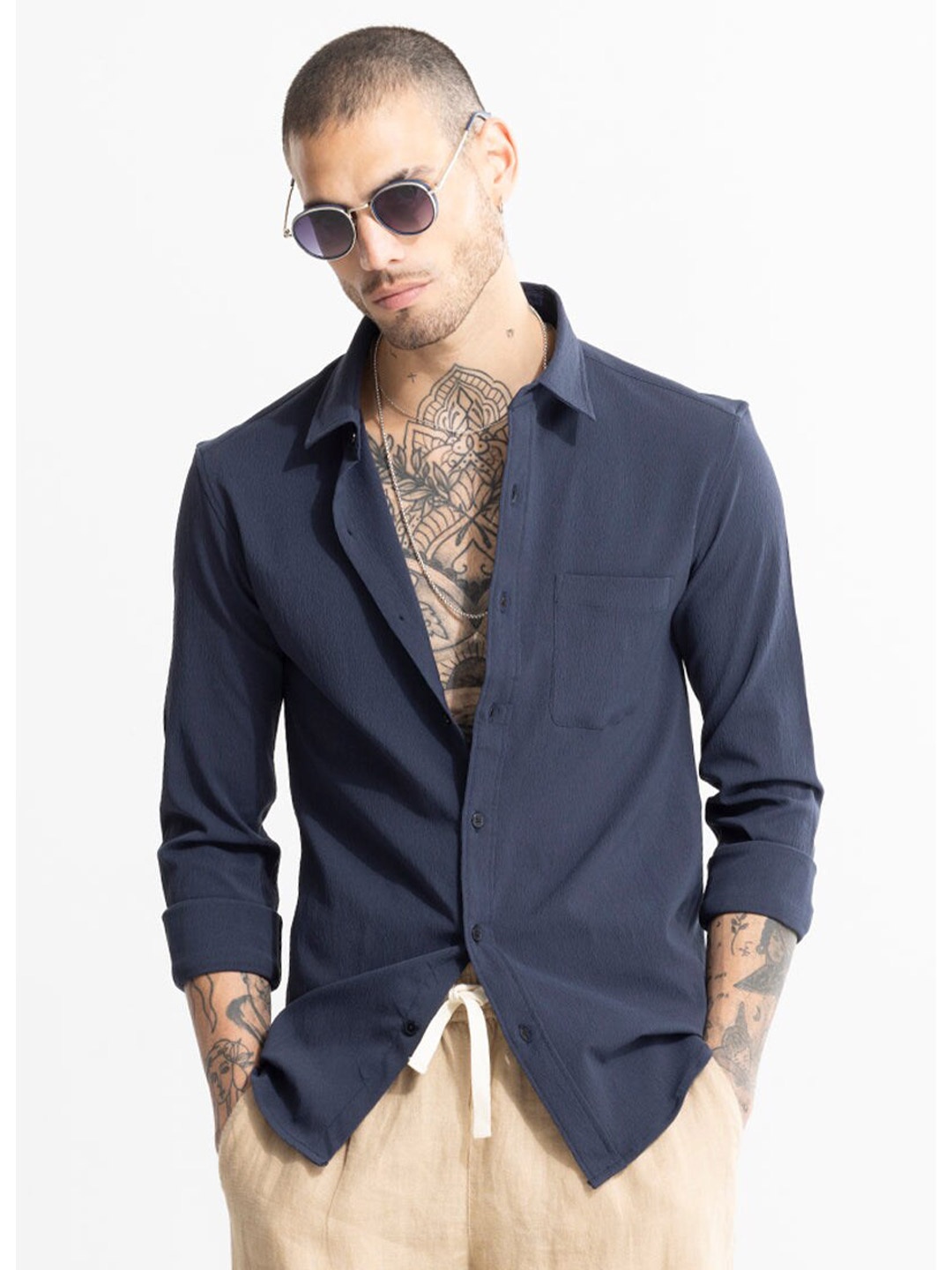 

Snitch Navy Blue Textured Classic Slim Fit Casual Shirt