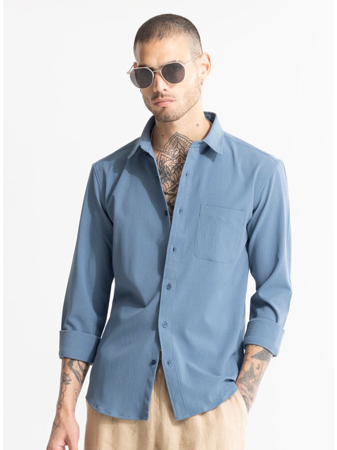 

Snitch Blue Textured Classic Slim Fit Casual Shirt