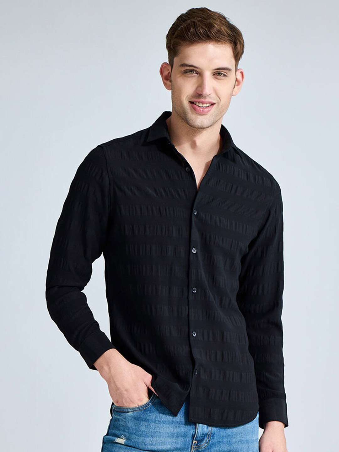 

Snitch Black Classic Slim Fit Textured Long Sleeves Casual Shirt