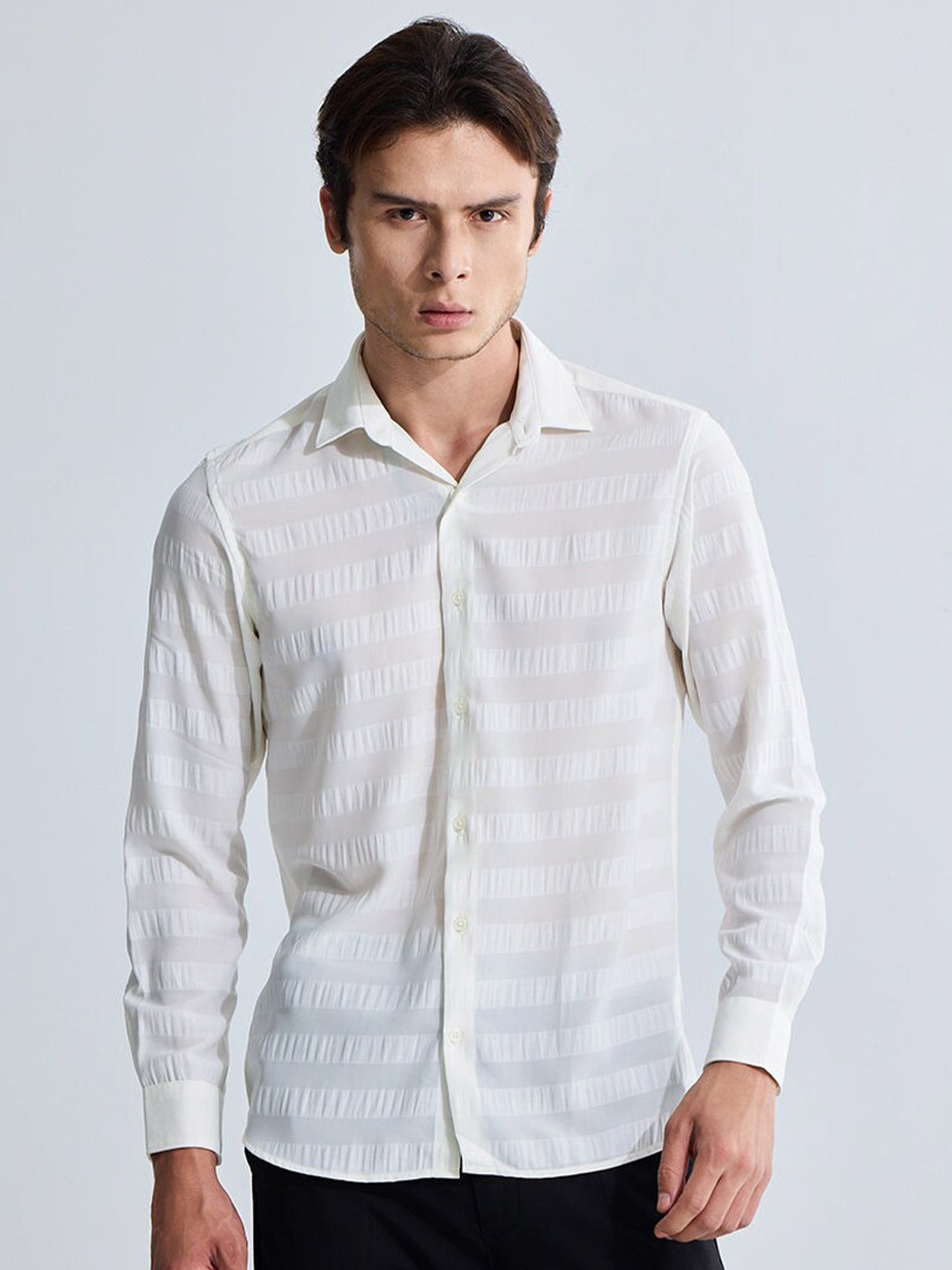 

Snitch White Classic Slim Fit Striped Semi Sheer Spread Collar Casual Shirt