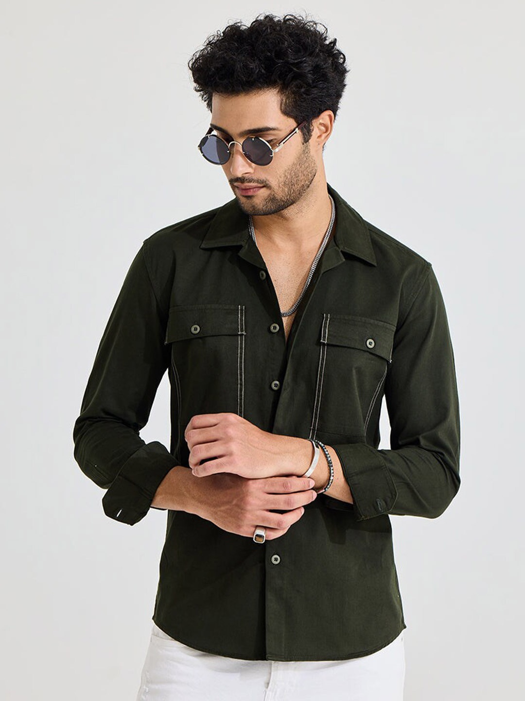 

Snitch Olive Green Classic Slim Fit Cuban Collar Long Sleeve Pocket Cotton Casual Shirt