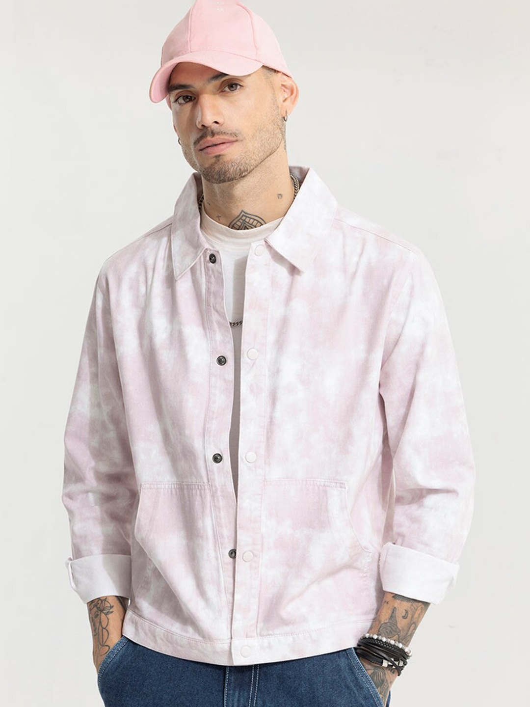 

Snitch Pink White Abstract Printed Spread Collar Shaket