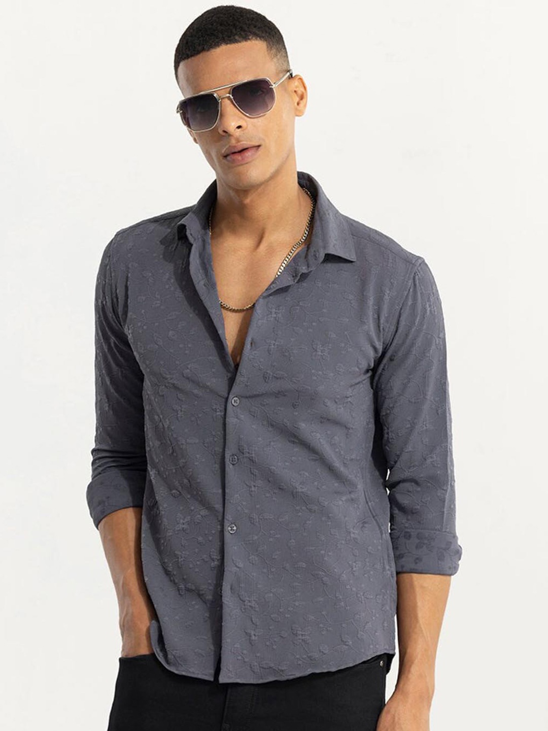 

Snitch Grey Classic Slim Fit Self Design Casual Shirt