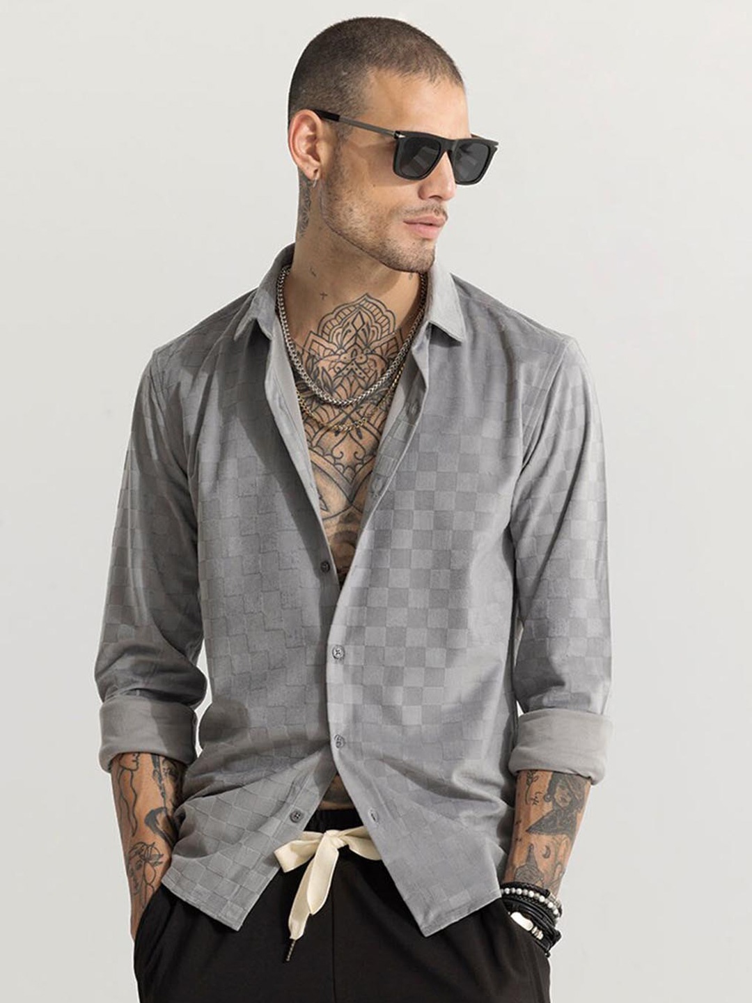 

Snitch Grey Classic Slim Fit Gingham Checked Casual Shirt