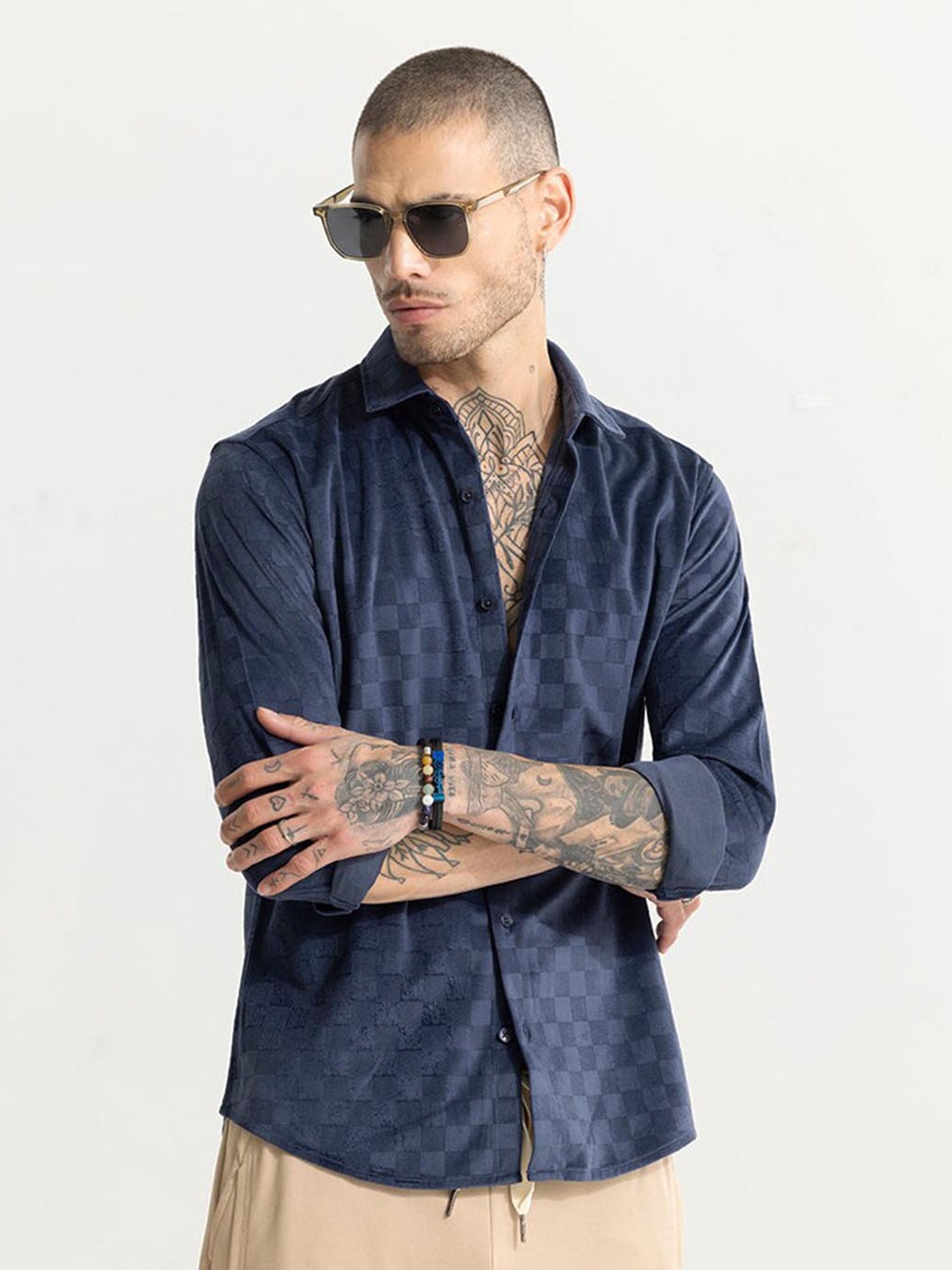 

Snitch Navy Blue Classic Slim Fit Checked Casual Shirt