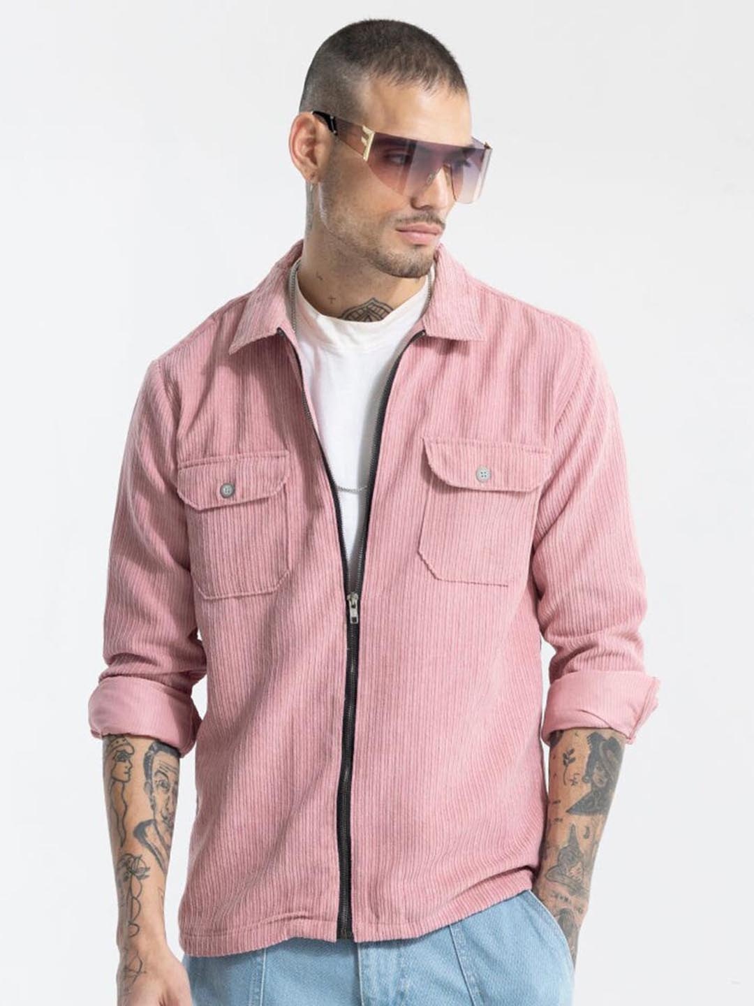 

Snitch Pink Classic Slim Fit Striped Spread Collar Casual Shirt