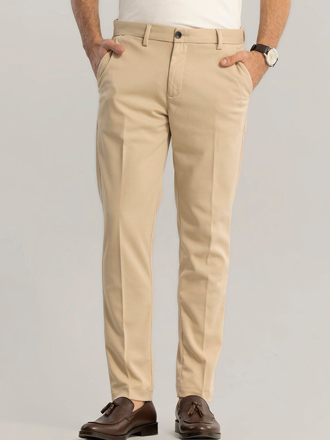 

Snitch Men Smart Mid-Rise Slim Fit Cotton Trousers, Beige