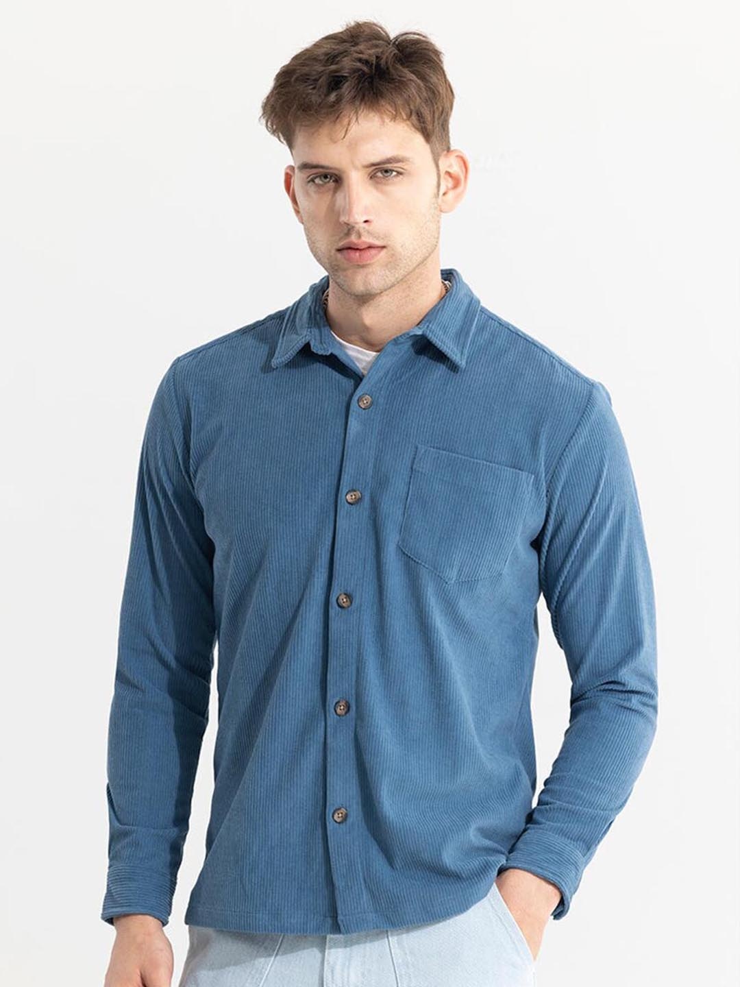 

Snitch Blue Classic Boxy Fit Striped Spread Collar Long Sleeve Pocket Casual Shirt