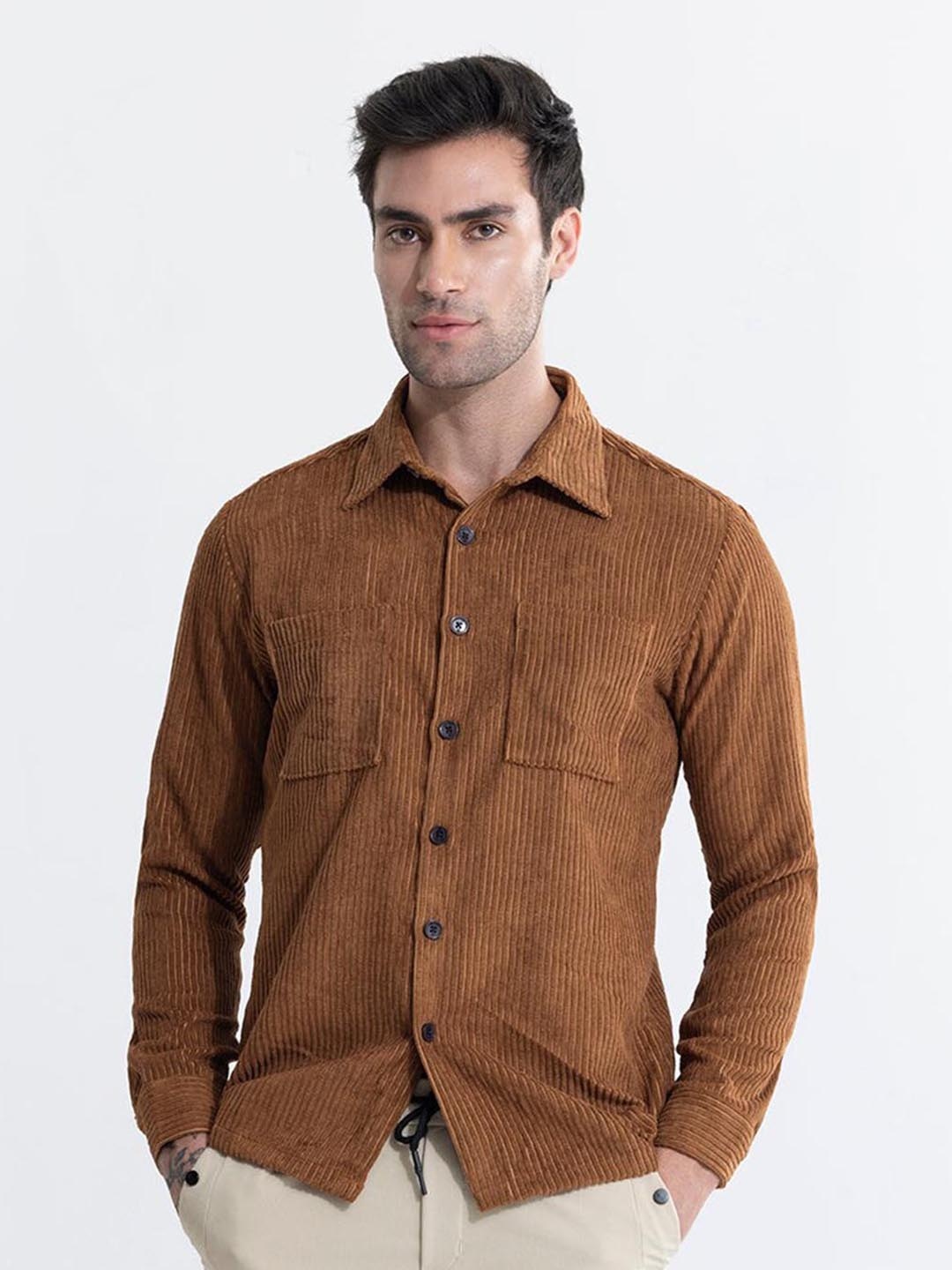

Snitch Brown Self Design Classic Regular Fit Casual Shirt
