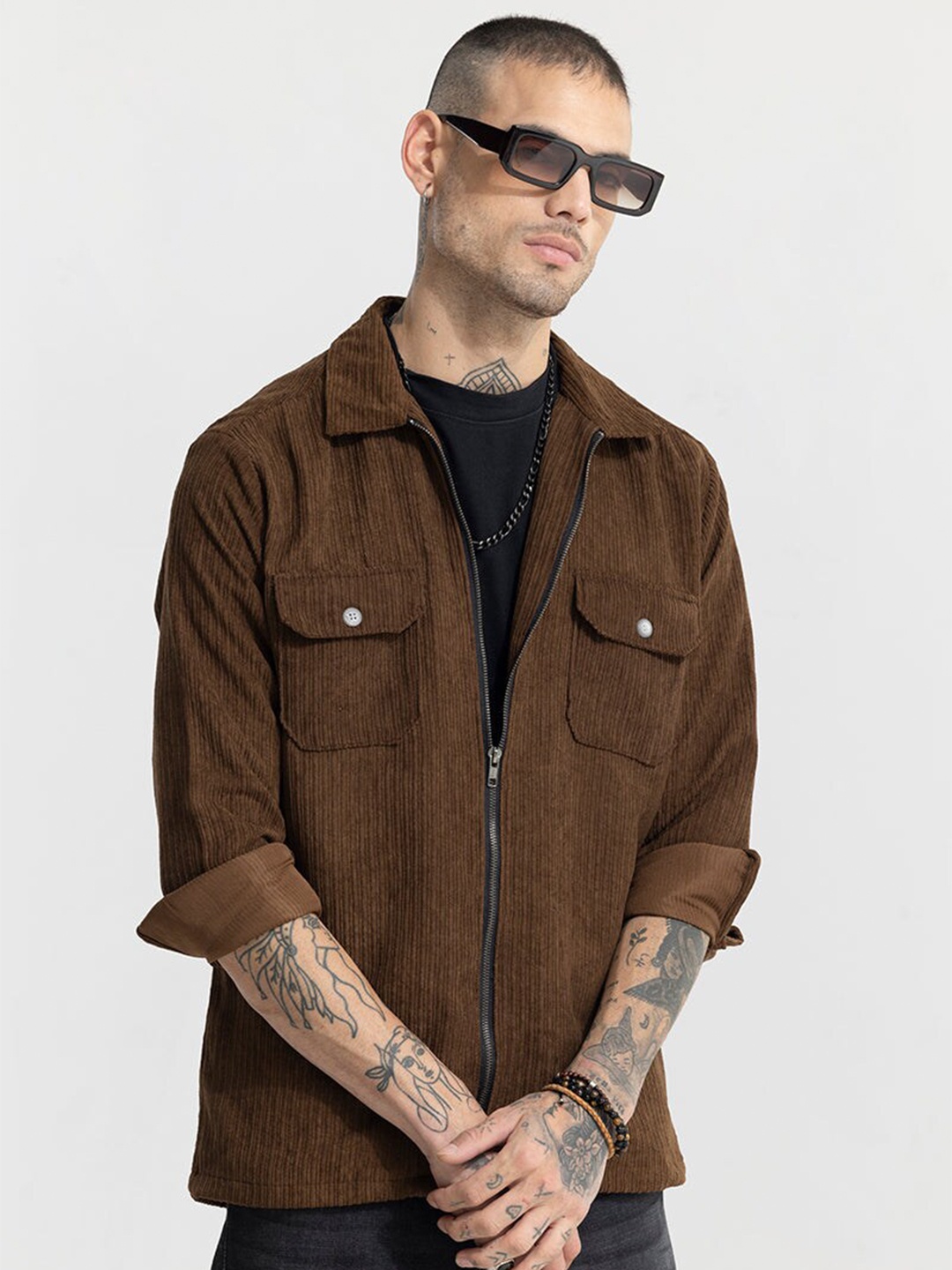 

Snitch Brown Classic Slim Fit Self Design Corduroy Casual Shacket