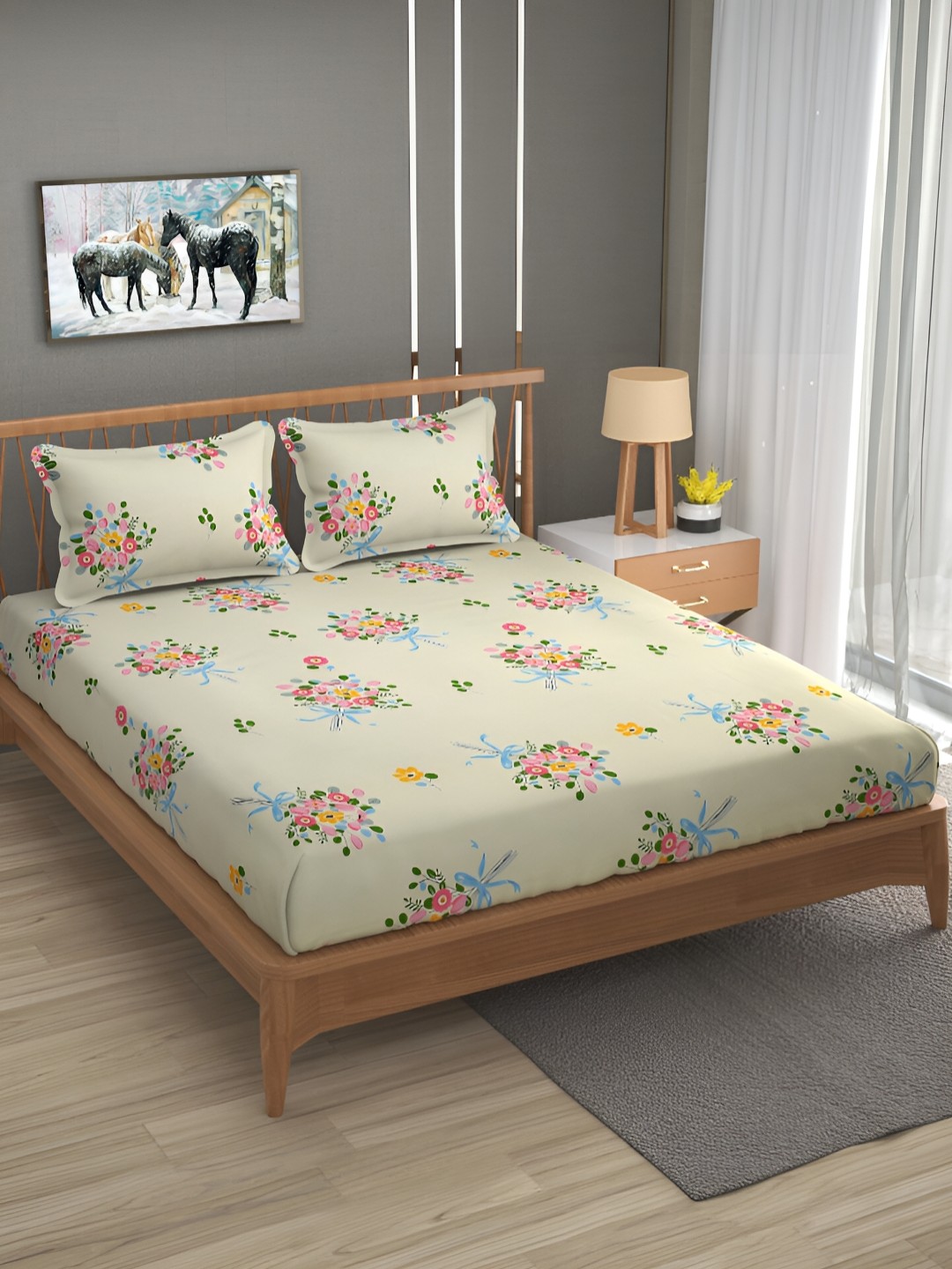 

Bromwick Cream Floral Cotton 210 TC Queen Bedsheet with 2 Pillow Covers