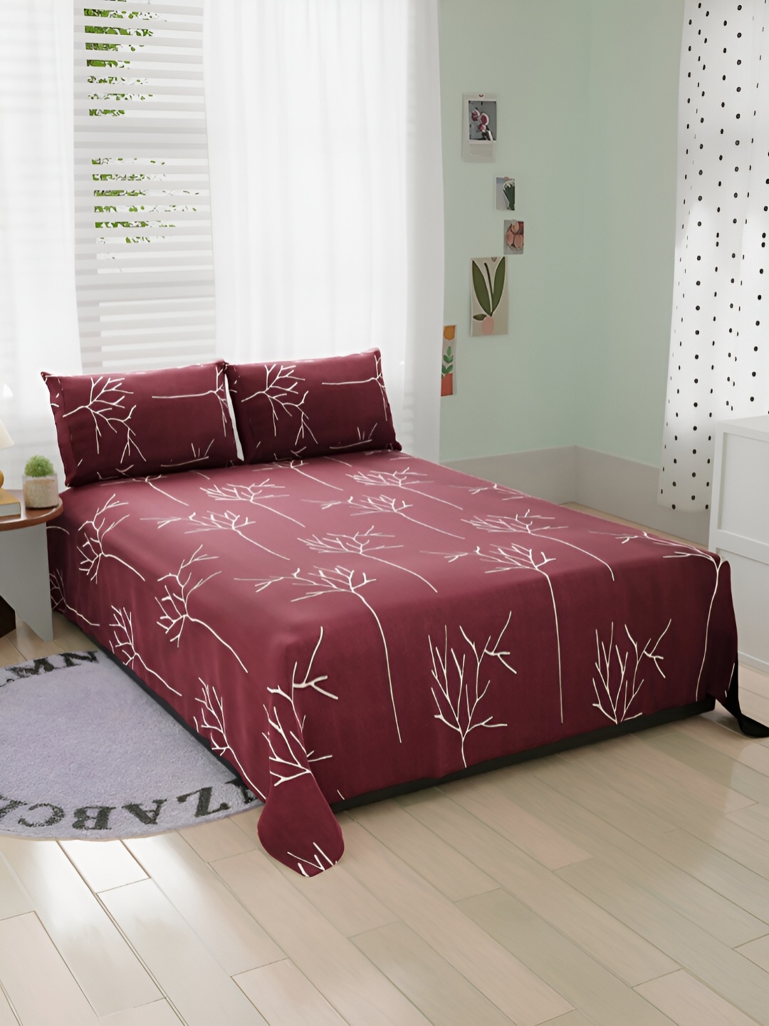 

Bromwick Maroon Floral Cotton 210 TC Queen Bedsheet with 2 Pillow Covers