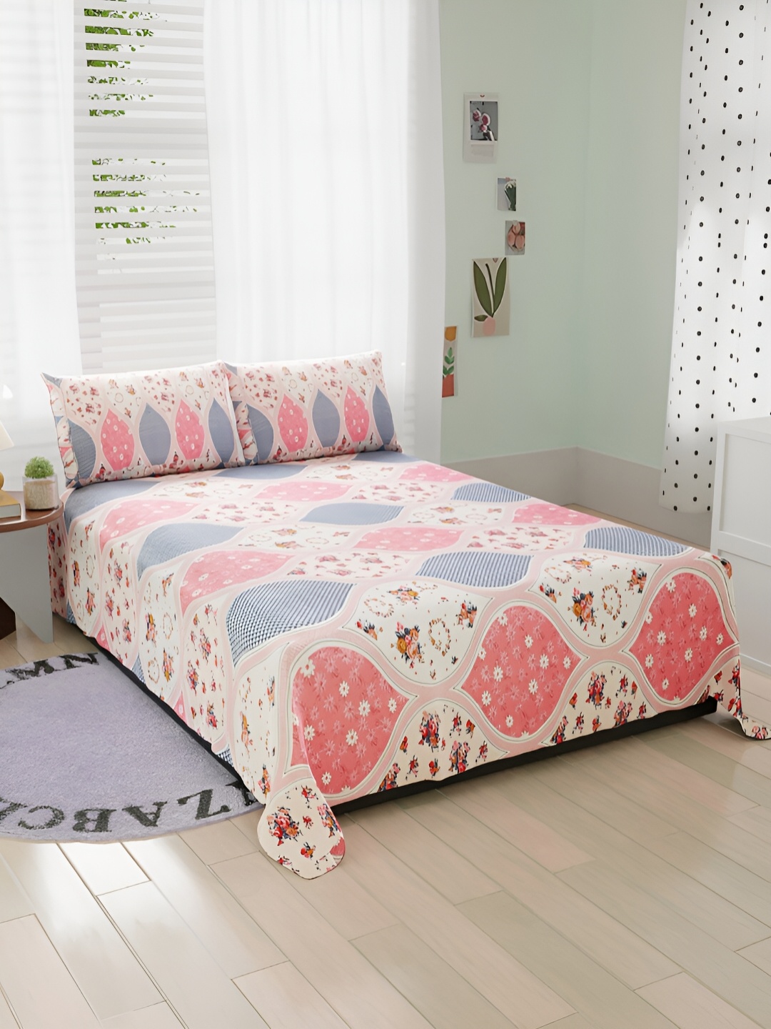 

Bromwick Off White & Pink Floral Cotton 210 TC Queen Bedsheet with 2 Pillow Covers