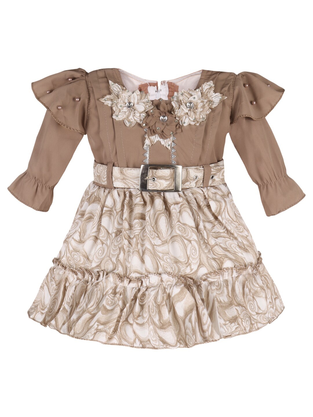 

Wish Karo Girls Abstract Printed Ruffles Satin Fit & Flare Dress, Brown